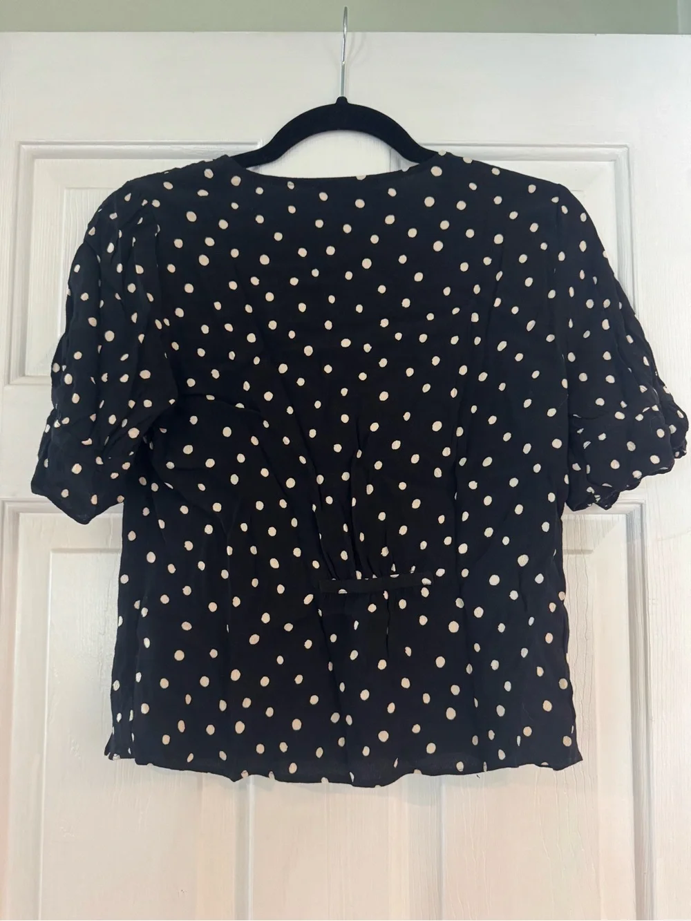 Madewell Black Polka Dot Tie-Front Puff Sleeve Top